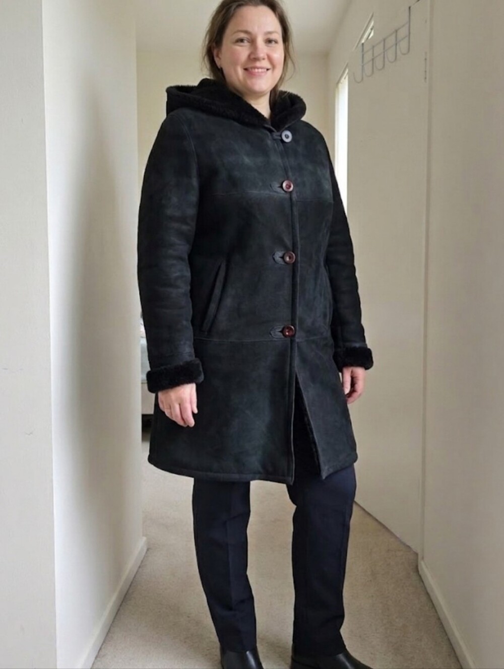 Natural Black Hooded Suede Trench Coat - Women's